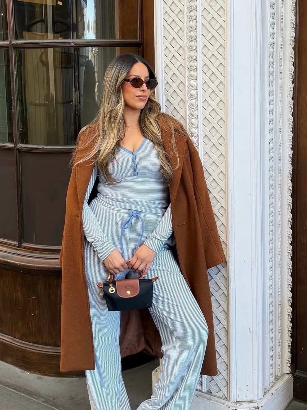 Light Blue Ribbed Knit Lounge Set with Drawstring Waist